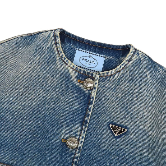 PRADA 
コットン 
トライアングルロゴ ノーカラー デニムジャケット