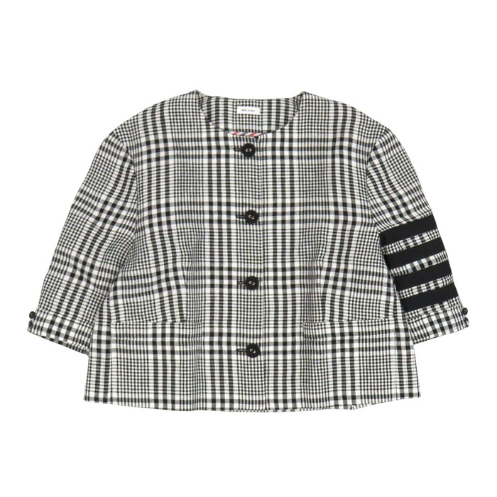THOM BROWNE 
トリコロール 五分袖 リネン ストライプ チェック ノーカラー 
4BAR ジャケット