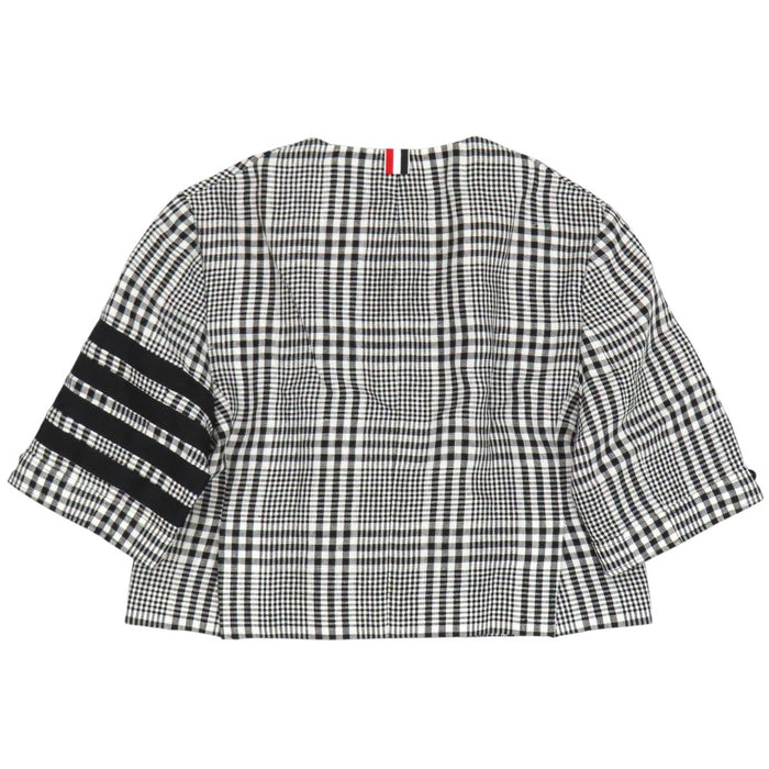 THOM BROWNE 
トリコロール 五分袖 リネン ストライプ チェック ノーカラー 
4BAR ジャケット