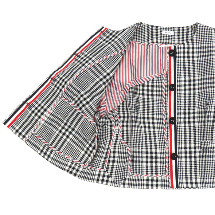 THOM BROWNE 
トリコロール 五分袖 リネン ストライプ チェック ノーカラー 
4BAR ジャケット