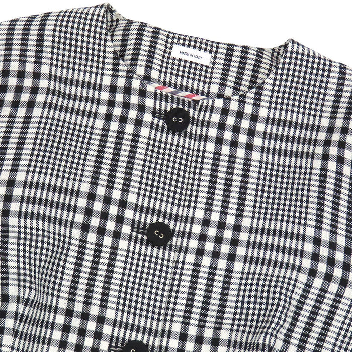 THOM BROWNE 
トリコロール 五分袖 リネン ストライプ チェック ノーカラー 
4BAR ジャケット