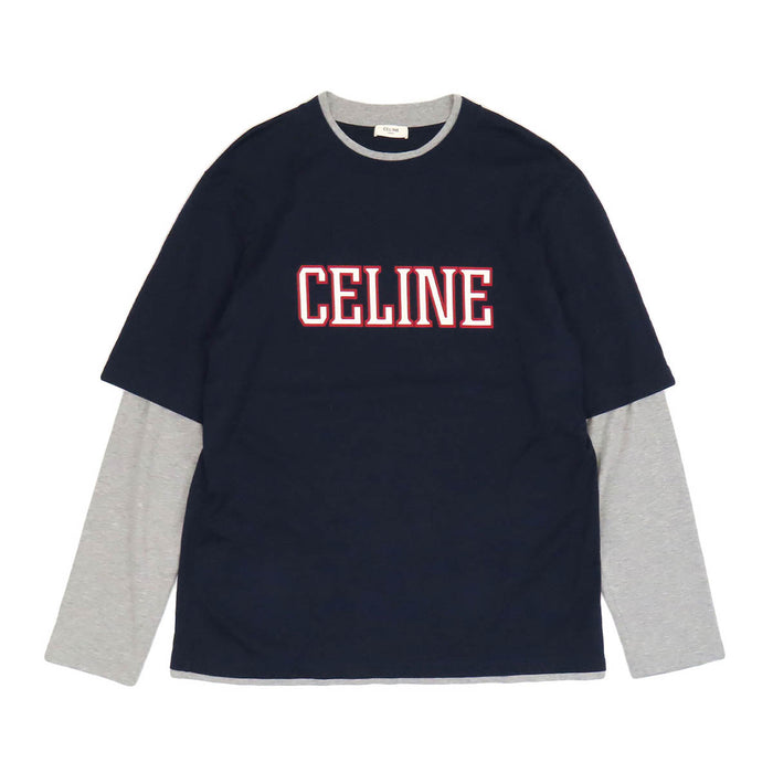 CELINE 
コットン 2025年製 クルーネック 
ロゴ プリント レイヤード ロングスリーブ Tシャツ