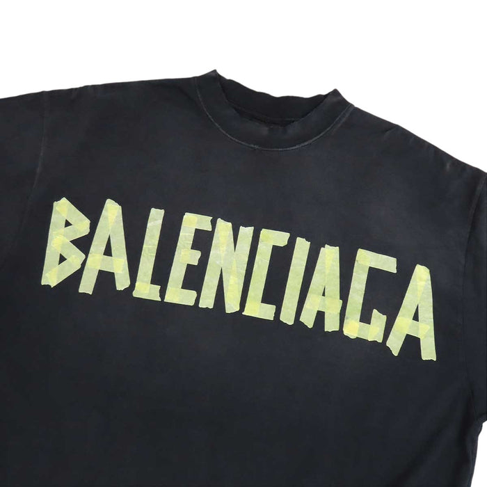 BALENCIAGA 
フェード加工 ダメージ加工 コットン オーバーサイズ 
テープ ロゴ Tシャツ