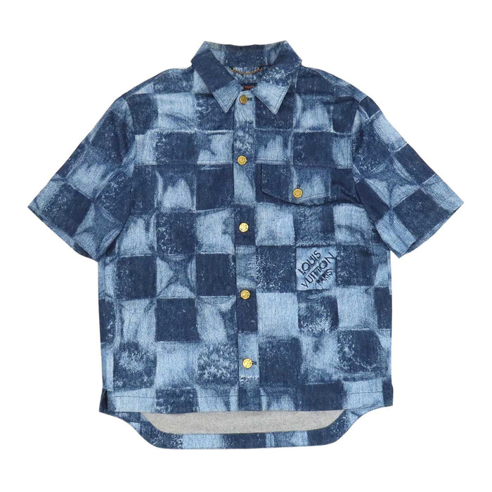 LOUIS VUITTON 
LV ロゴボタン コットン 
ソルト プリント デニム ショートスリーブ シャツ 
ダミエ