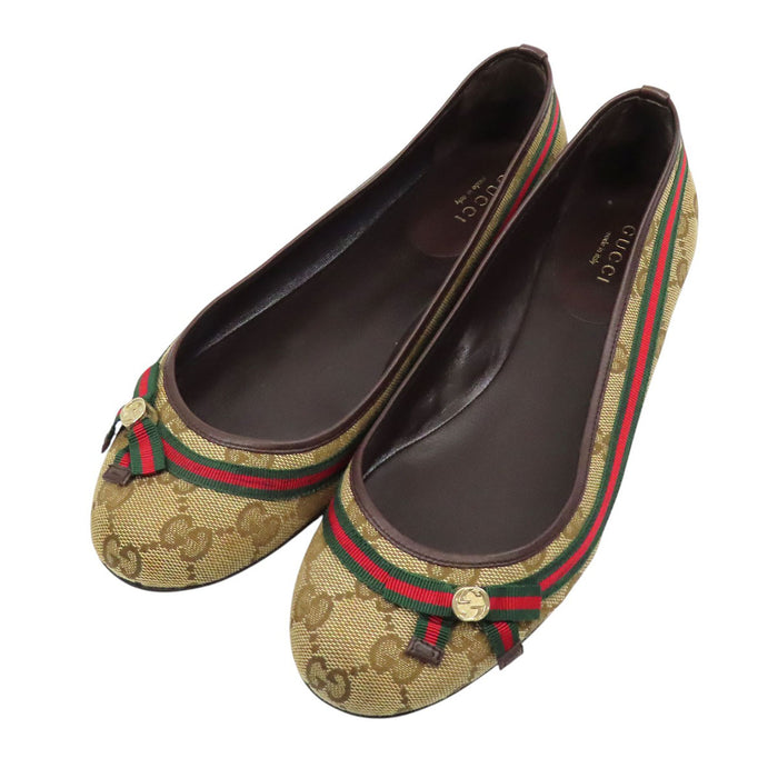 GUCCI 
ロゴ 総柄 ウェブライン リボン 
GG キャンバス フラット パンプス