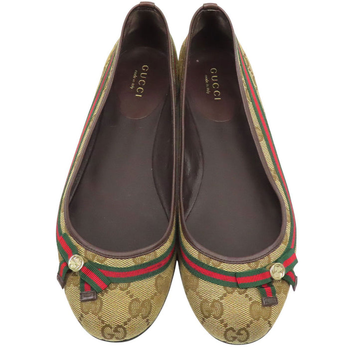 GUCCI 
ロゴ 総柄 ウェブライン リボン 
GG キャンバス フラット パンプス