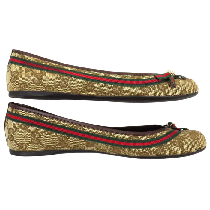 GUCCI 
ロゴ 総柄 ウェブライン リボン 
GG キャンバス フラット パンプス