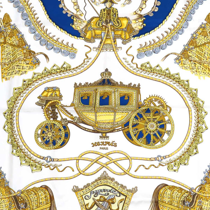 HERMES  
Silk Large Square  
Carré 90 PAPEROLES Paproles Carriage and Aristocrat Scarf