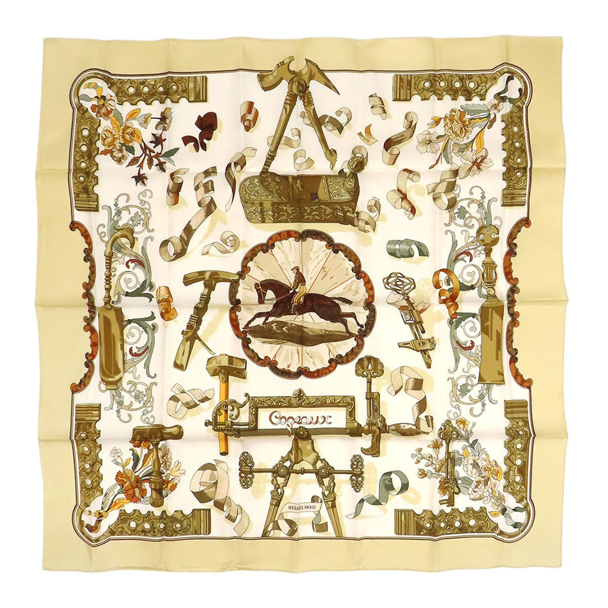 HERMES シルク 大判 馬 工具 カレ 90 Copeaux おが屑 スカーフ– TS