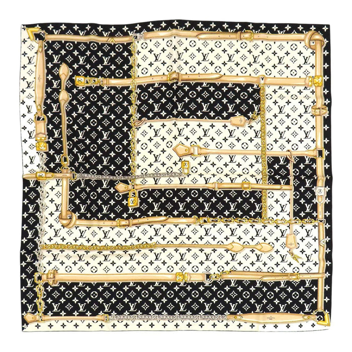 LOUIS VUITTON 
LV シルク 大判 レザーストラップ柄 チェーン柄 パドロック柄 
モノグラム コンフィデンシャル スカーフ