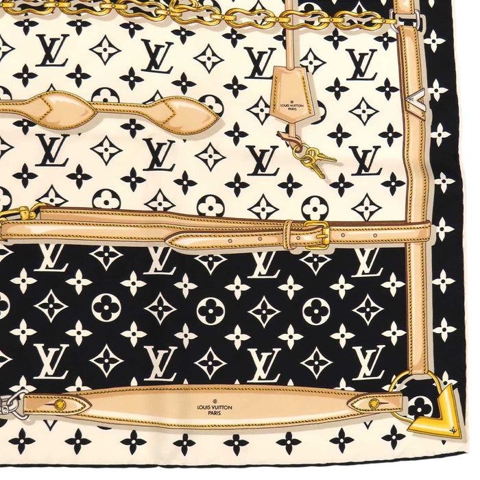 LOUIS VUITTON 
LV シルク 大判 レザーストラップ柄 チェーン柄 パドロック柄 
モノグラム コンフィデンシャル スカーフ