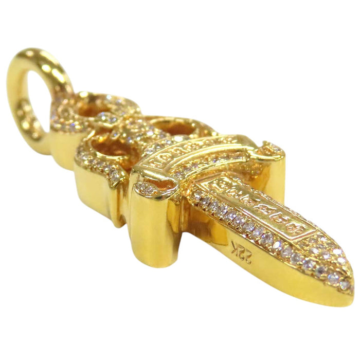 CHROME HEARTS  
CH Double Dagger P Diamond Yellow Gold Engraved 1989  
Double Dagger Pave Diamond Pendant Top 22K