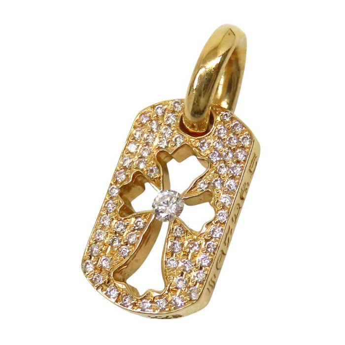 CHROME HEARTS CH DT TNY CO CRS P D Yellow Gold 2006 Engraving Tiny Cut Out Cross Dog Tag Pave Diamond Pendant Top