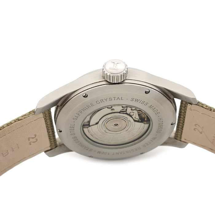 HAMILTON  
Khaki Field Officer  
With box and warranty card