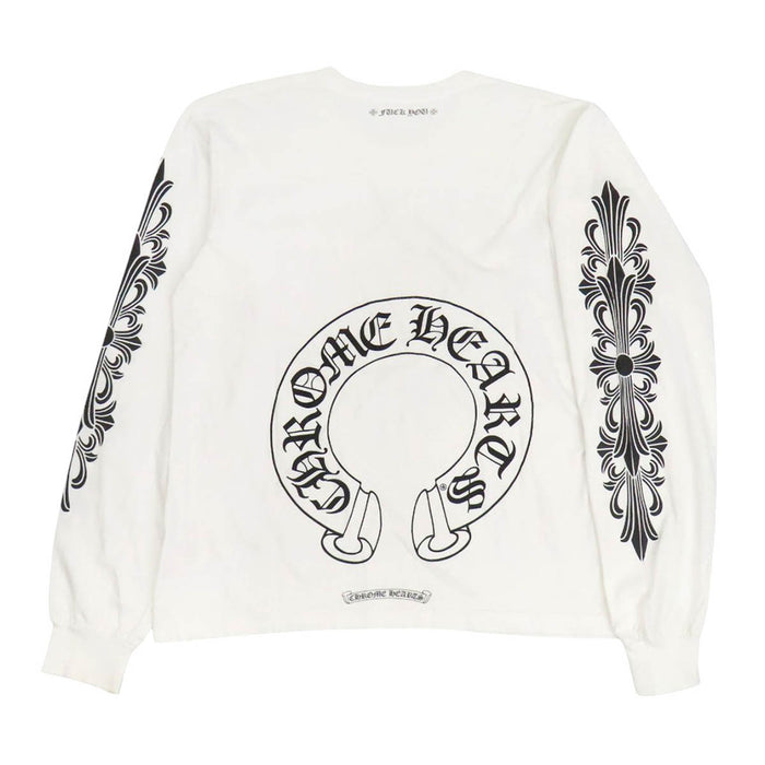 CHROME HEARTS 
スクロールラベル FUCKYOU コットン クルーネック 
袖フローラル ホースシュー ロングスリーブ Tシャツ