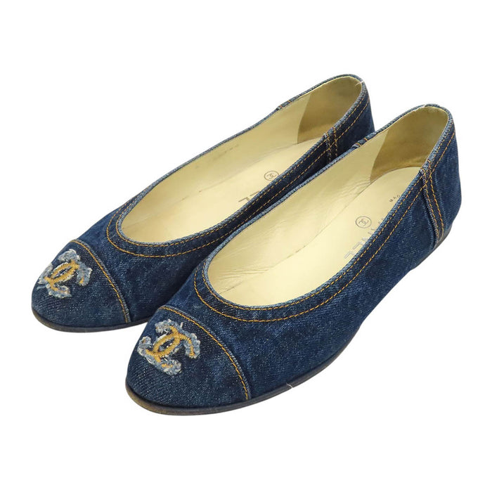 CHANEL  
COCO CC Logo Flat Ballet Shoes  
Coco Mark Denim Ballerina Pumps