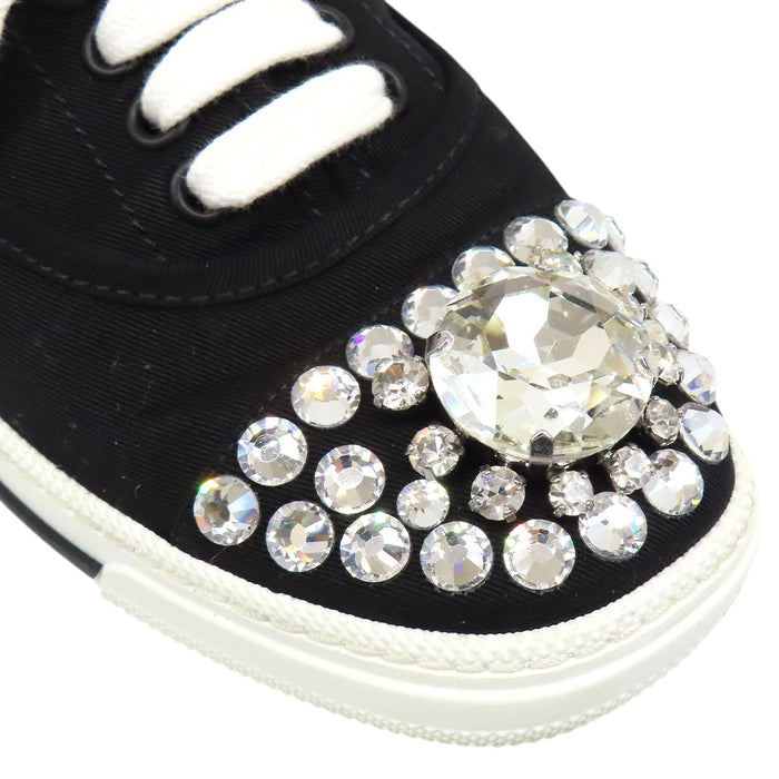 MIUMIU 
ローカット キャンバス レースアップ 
ロゴ ビジュー スニーカー