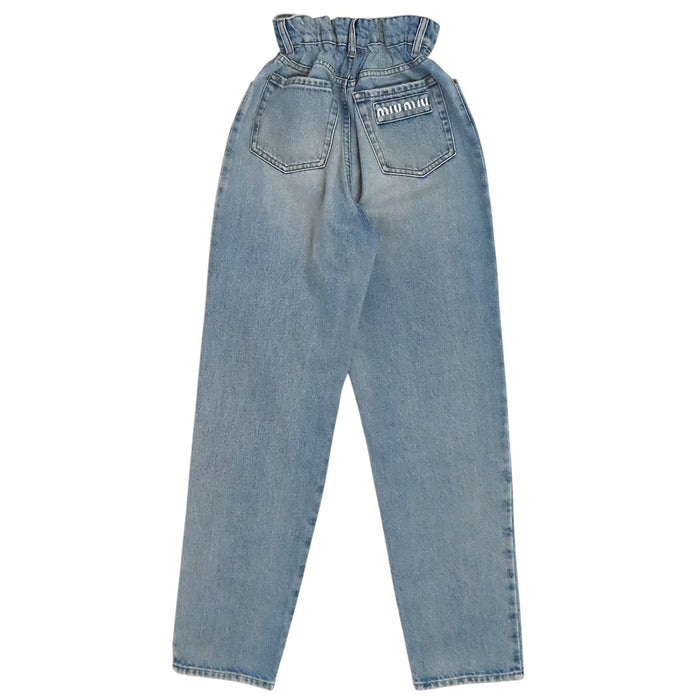 MIUMIU  
Tapered Cotton Printed  
Logo Waist-Gathered Denim Pants