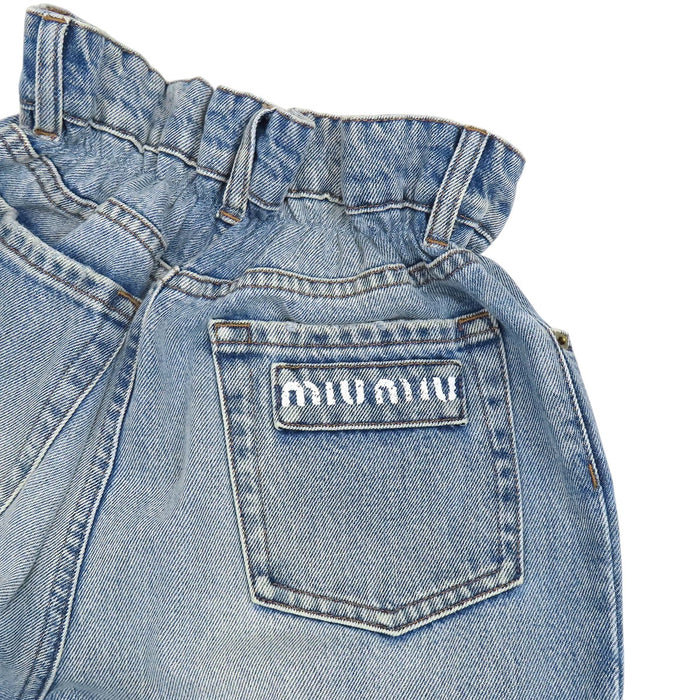 MIUMIU  
Tapered Cotton Printed  
Logo Waist-Gathered Denim Pants