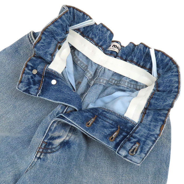 MIUMIU  
Tapered Cotton Printed  
Logo Waist-Gathered Denim Pants