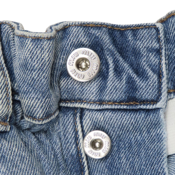 MIUMIU  
Tapered Cotton Printed  
Logo Waist-Gathered Denim Pants
