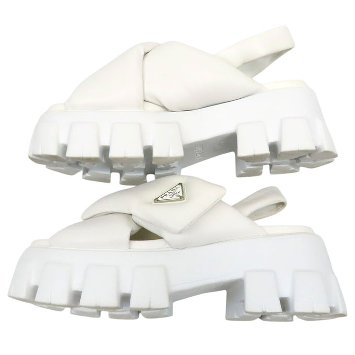 PRADA  
Triangle Logo Platform Silver Color Hardware  
Monolith Padded Leather Sandals