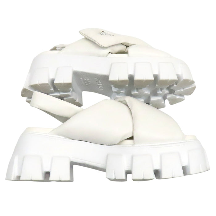 PRADA  
Triangle Logo Platform Silver Color Hardware  
Monolith Padded Leather Sandals