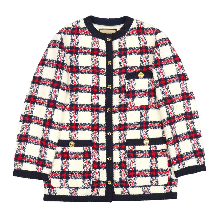GUCCI 
インターロッキングG GG シングルブレスト ゴールドカラー 
チェック柄 ツイード ノーカラー ジャケット