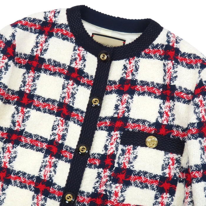 GUCCI 
インターロッキングG GG シングルブレスト ゴールドカラー 
チェック柄 ツイード ノーカラー ジャケット