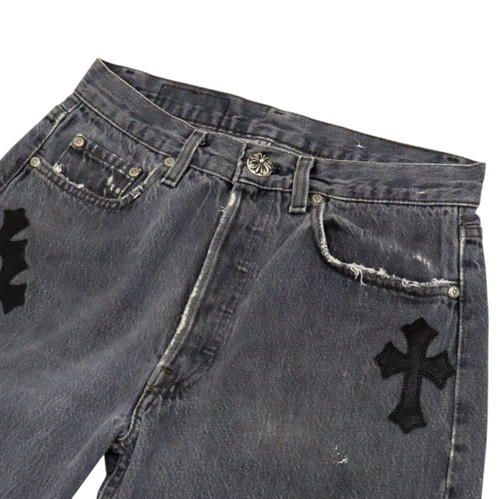 CHROME HEARTS 
LEVI'S CH クロスボール ボタン ホースシュー レザー シルバー 
リーバイス 501 クロスパッチ デニムパンツ