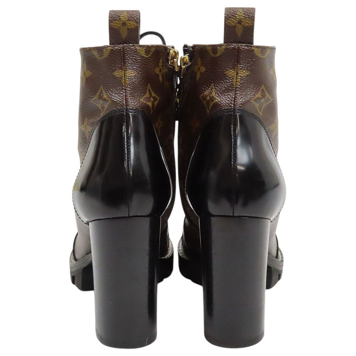 LOUIS VUITTON 
LV レースアップ レザー ハイヒール 
スタートレイル アンクルブーツ 
モノグラム