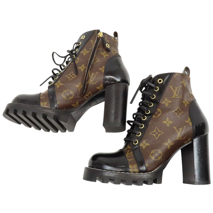 LOUIS VUITTON 
LV レースアップ レザー ハイヒール 
スタートレイル アンクルブーツ 
モノグラム