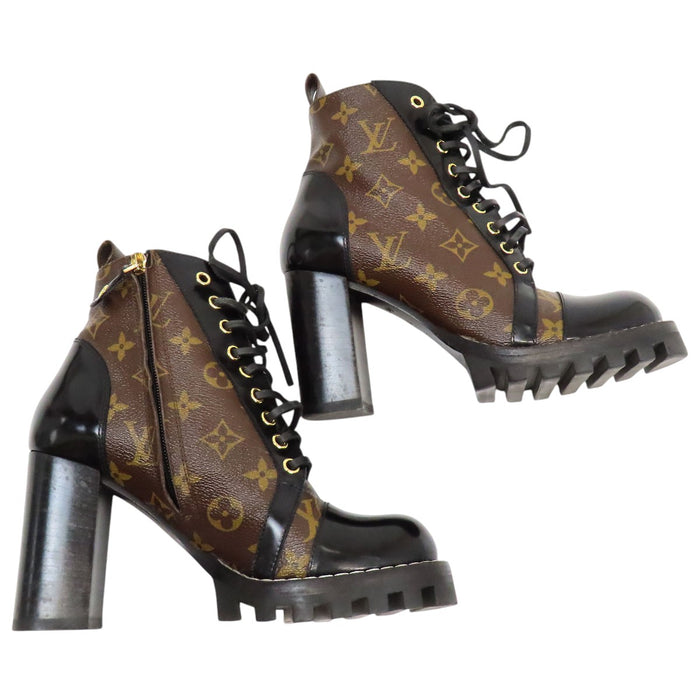LOUIS VUITTON 
LV レースアップ レザー ハイヒール 
スタートレイル アンクルブーツ 
モノグラム