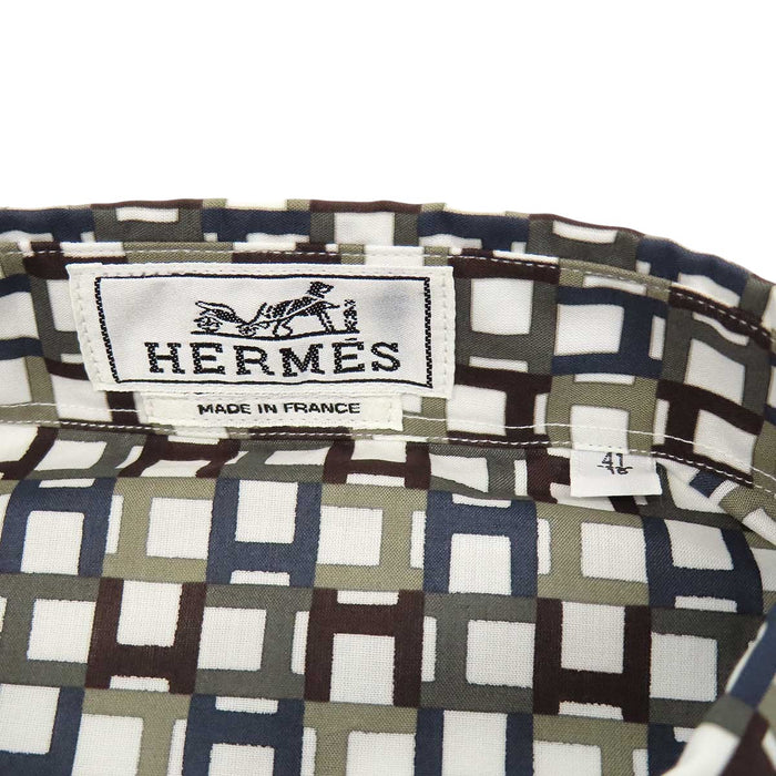 HERMES 
ロゴ 総柄 セリエボタン 
H柄 ロングスリーブ コットン シャツ