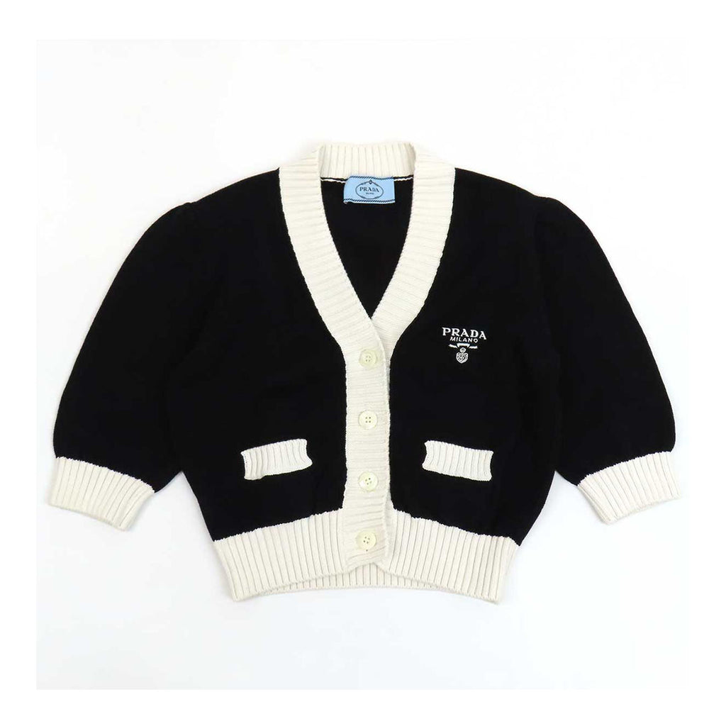 PRADA コットン リブ バイカラー ロゴ クロップド カーディガン– TS