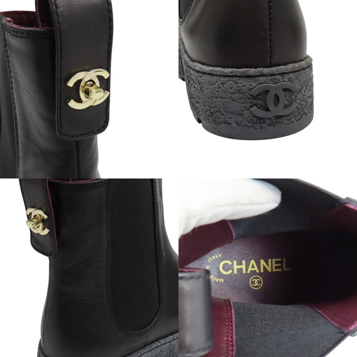 CHANEL 
COCO CC ロゴ レザー ゴールドカラーメタル 
ココマーク ターンロック サイドゴア ショートブーツ