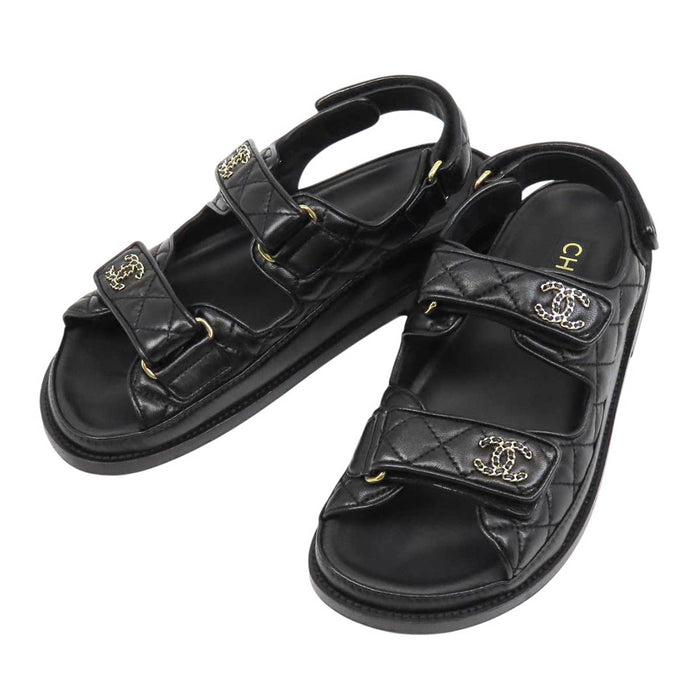 CHANEL 
COCO CC ロゴ チェーン フッドヘッドサンダル ゴールドカラー金具 
ココマーク マトラッセ レザー スポーツ サンダル