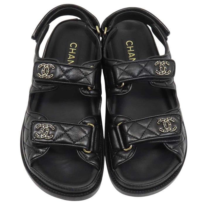 CHANEL 
COCO CC ロゴ チェーン フッドヘッドサンダル ゴールドカラー金具 
ココマーク マトラッセ レザー スポーツ サンダル