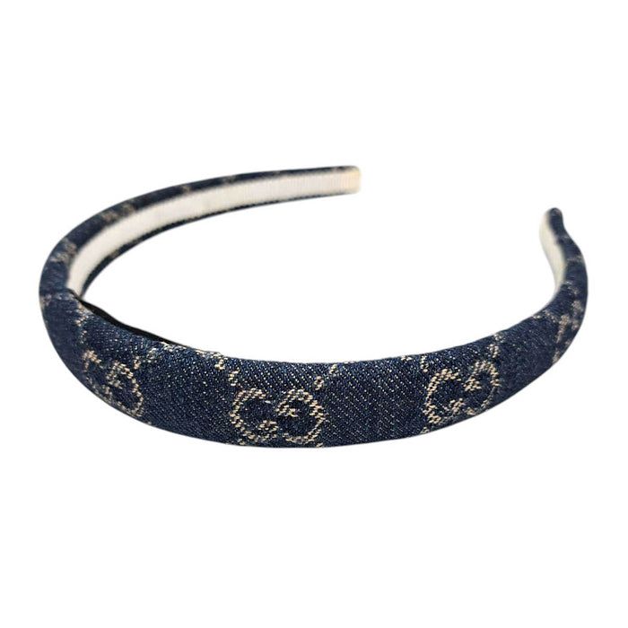 GUCCI 
総柄 ロゴ シルバーカラーメタル 
GG デニム カチューシャ