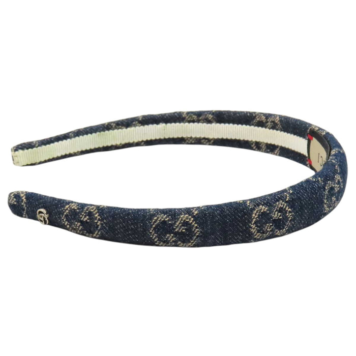 GUCCI 
総柄 ロゴ シルバーカラーメタル 
GG デニム カチューシャ