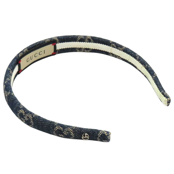GUCCI 
総柄 ロゴ シルバーカラーメタル 
GG デニム カチューシャ