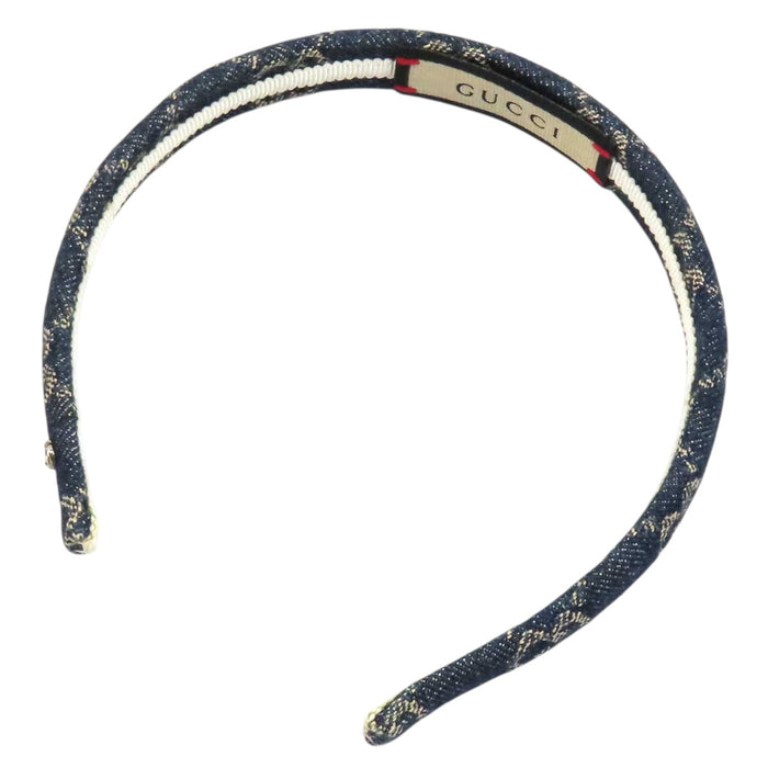 GUCCI 
総柄 ロゴ シルバーカラーメタル 
GG デニム カチューシャ