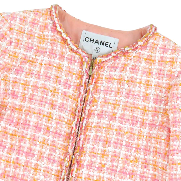 CHANEL 
COCO CC ココボタン ノーカラー ダブルジップ ジップアップ 19C 
ココマーク ツイード スパンコール ジャケット