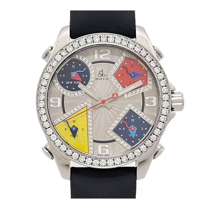 JACOB&CO 
Five Time Zone Diamond Bezel 
Includes box and warranty card