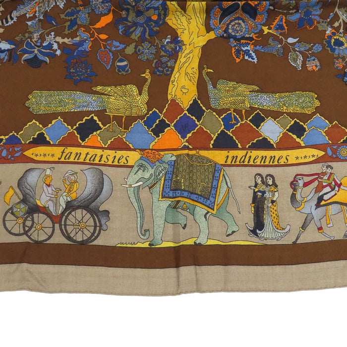 HERMES 
カレ140 カシミヤ混 シルク混 大判 ゾウ 
カレジェアン Fantaisies indiennes 眩惑のインド スカーフ