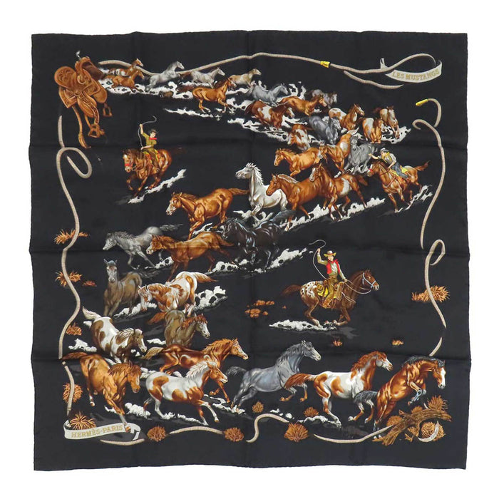 HERMES 
シルク 大判 
カレ 90 LES MUSTANGS 野生馬 スカーフ
