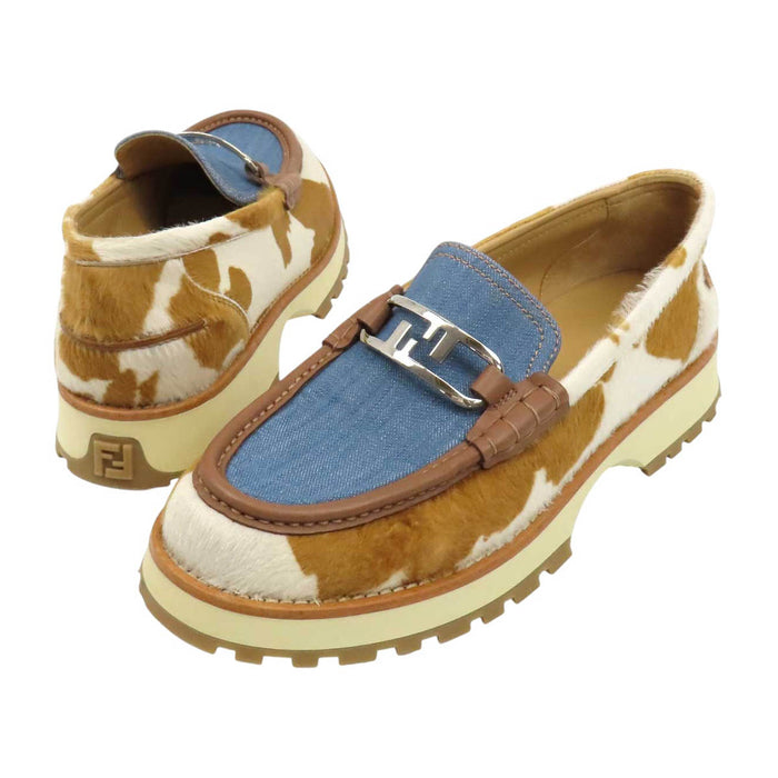 FENDI 
FF ロゴ デニム ハラコ シルバーカラー金具 
オーロック ローファー