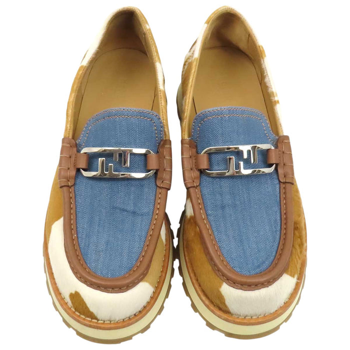 FENDI 
FF ロゴ デニム ハラコ シルバーカラー金具 
オーロック ローファー