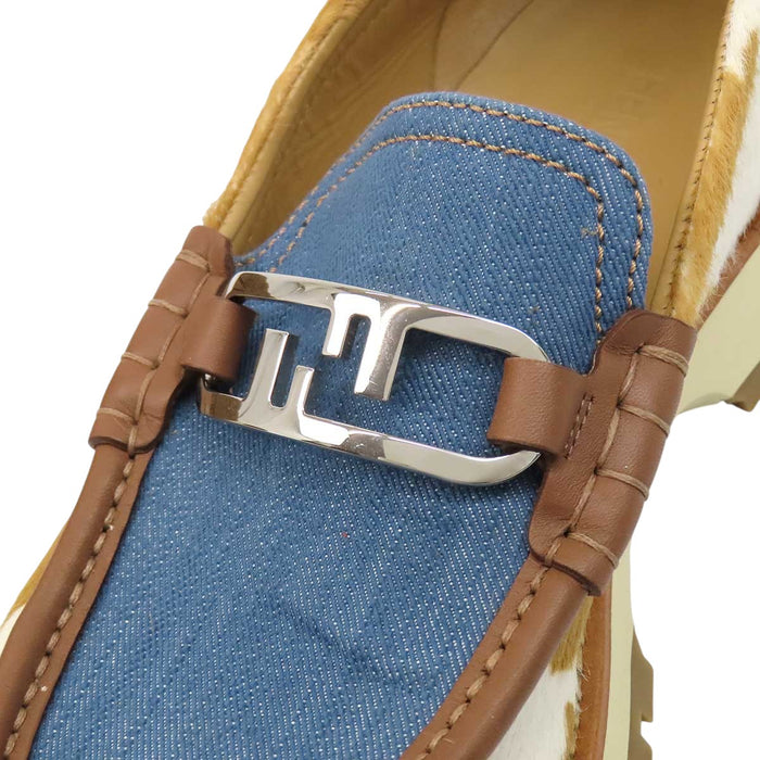 FENDI 
FF ロゴ デニム ハラコ シルバーカラー金具 
オーロック ローファー