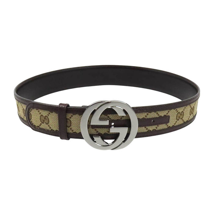 GUCCI 
Logo silver-tone metal 
Interlocking G buckle GG canvas leather belt